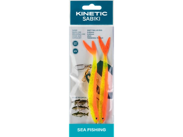 Sabiki Kinetic Soft Tail UV Rig, setale con 2 pesci di gomma a forma Sabiki Kinetic Soft Tail UV Rig, setale con 2 pesci di gomma a forma