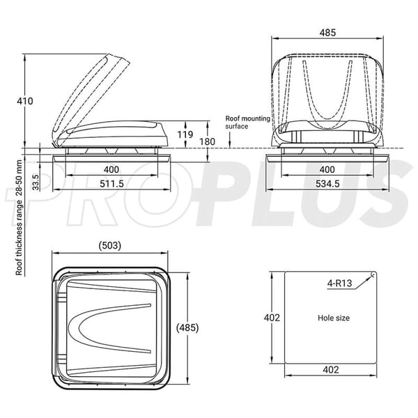 ROOF HATCH - 400X400MM - TRANSPARENT WITH LED - WITHOUT VENTILATION