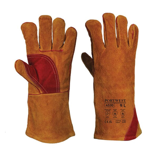 A530 - PORTWEST Welders Gloves 330 Split Leather Reinforced Palm Gauntlet