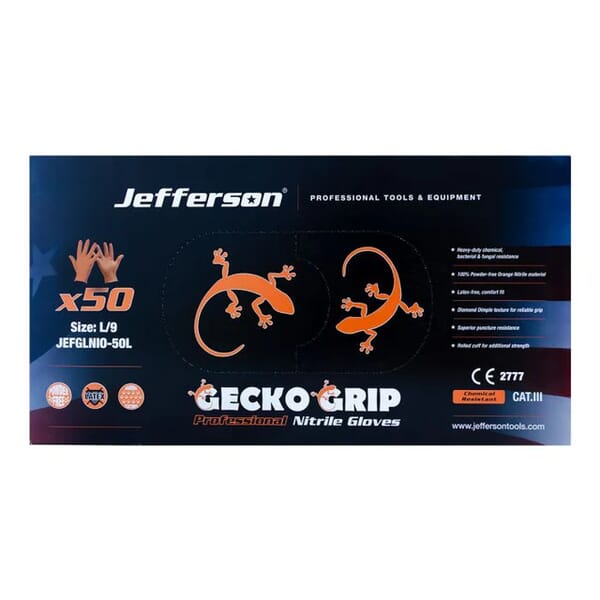 JEFFERSON GECKO GRIP PROFESSIONAL NITRILE GLOVES - ORANGE - BOX OF 50